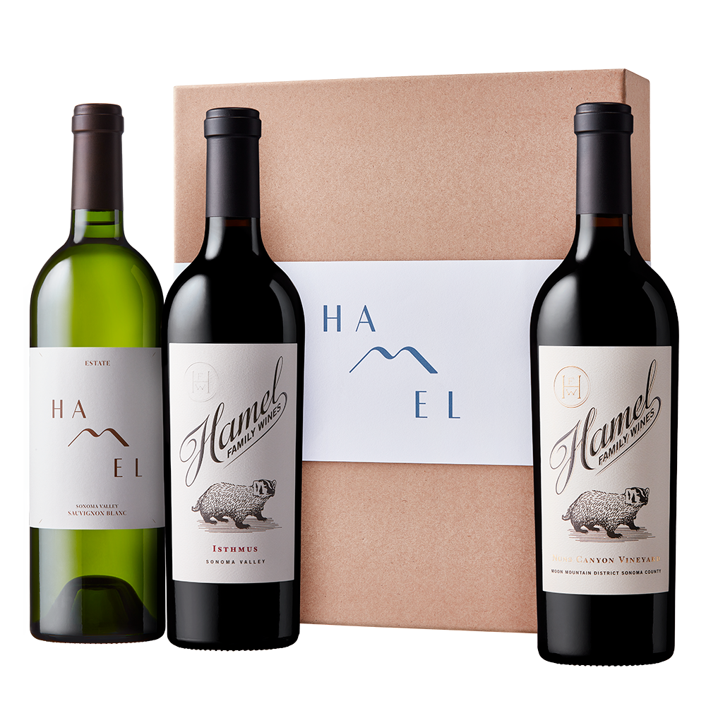 One bottle of Hamel Sauvignon Blanc, one bottle of Hamel Isthmus and one bottle of Hamel Nuns Canyon with a cardboard gift box